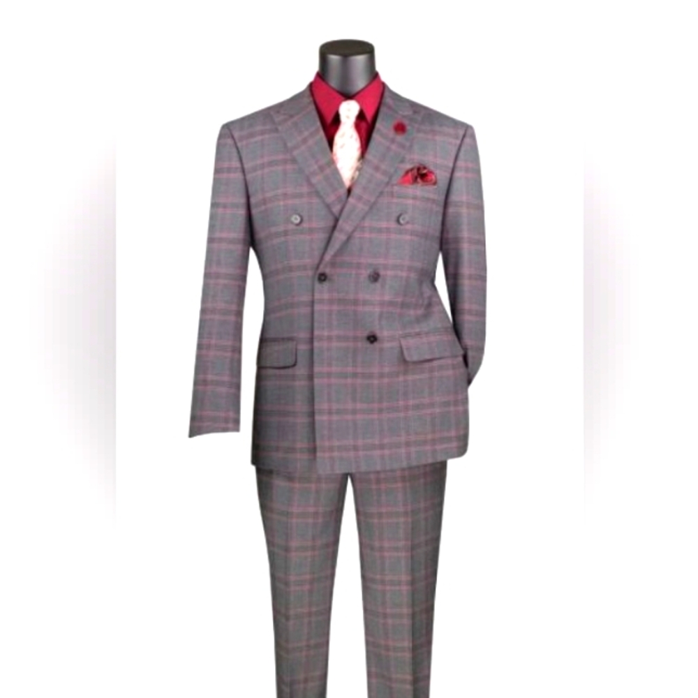 MEHMET EMIN TEKE Fine Turkish Glen Plaid Suit-38R/34-34 Pant-Gray/Wine
